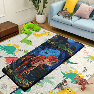 Dino Sleeping Bag lying on Children's Room Floor as a decorative piece