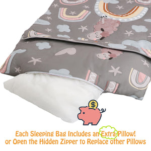 A free pillow included in Hallo Bunny Rainbow Sheep Kids Sleeping Bag