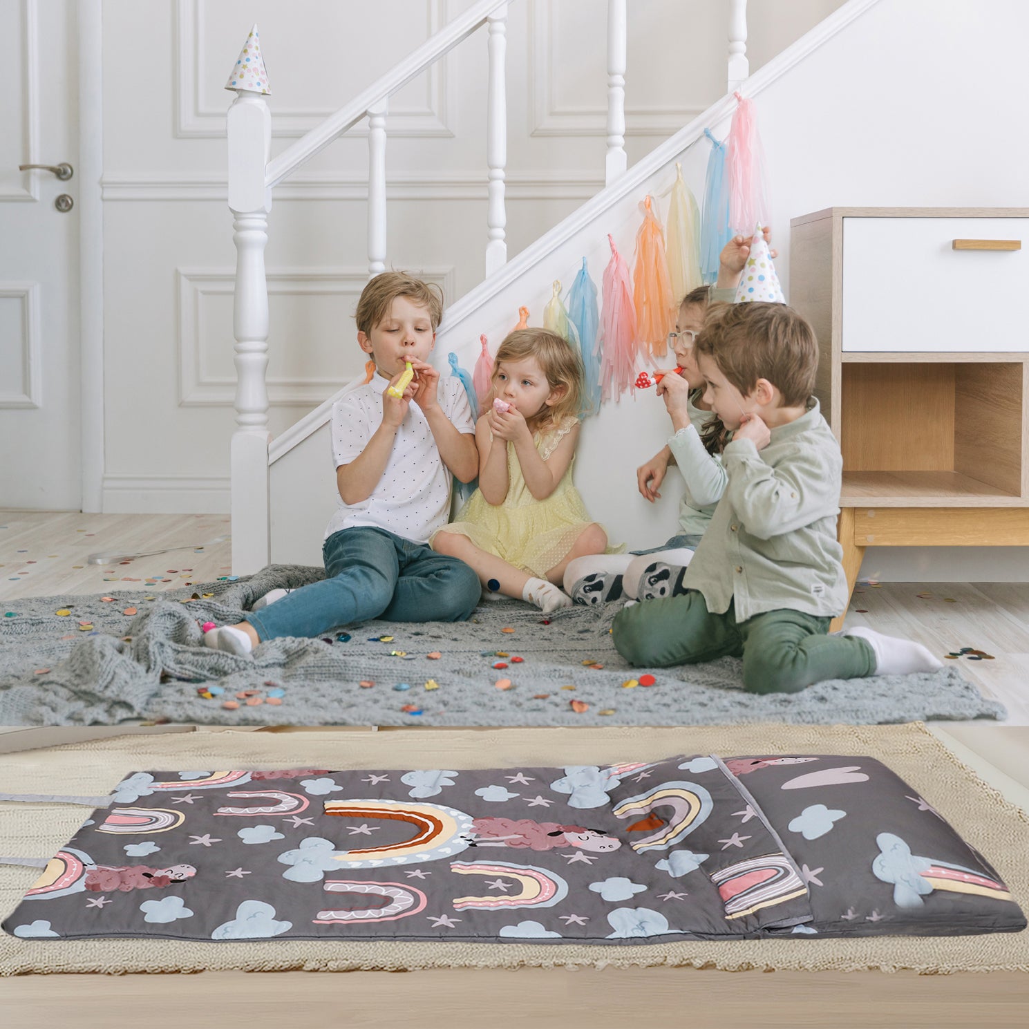 Rainbow Sheep Cartoon Sleeping Bag with Pillow for Kids, Grey