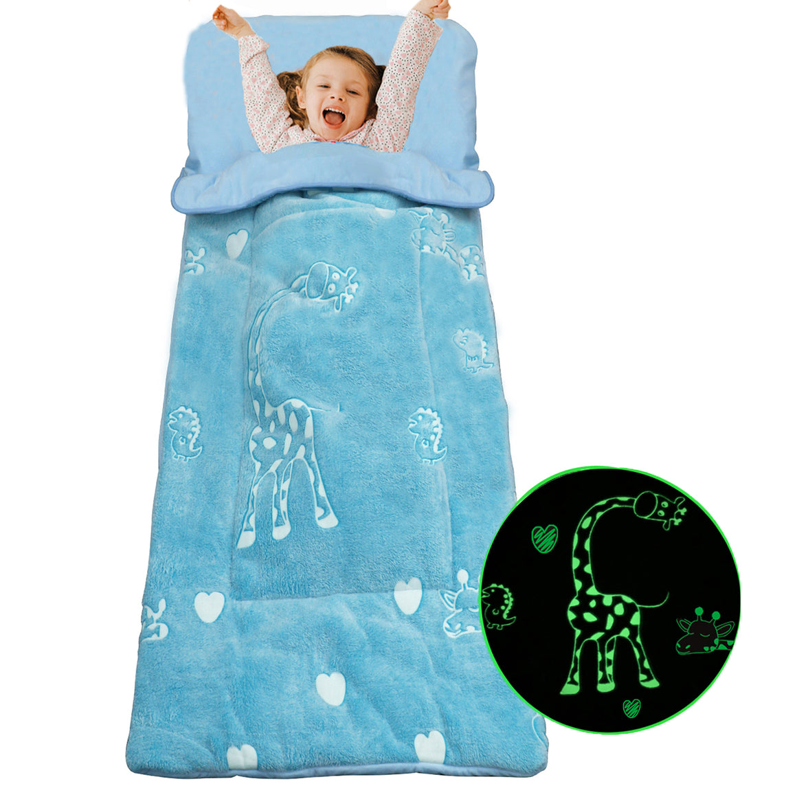 Glow in the Dark Dinosaur Giraffe Kids Sleeping Bag with Pillow, Blue