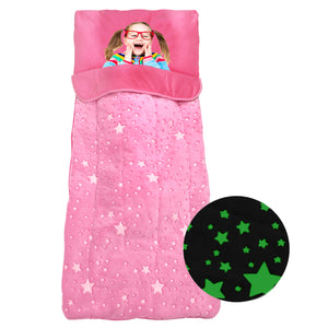 Pink Glow in the Dark Sleeping Bag for Girls with Pillow - Stars