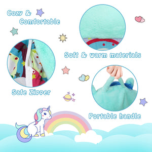 Blue Unicorn Sleeping Bag for Kids, Rainbow Pattern