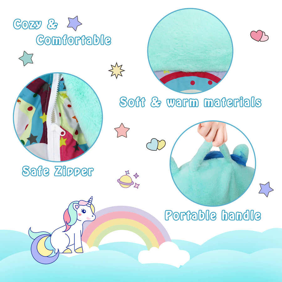 Blue Unicorn Sleeping Bag for Kids, Rainbow Pattern