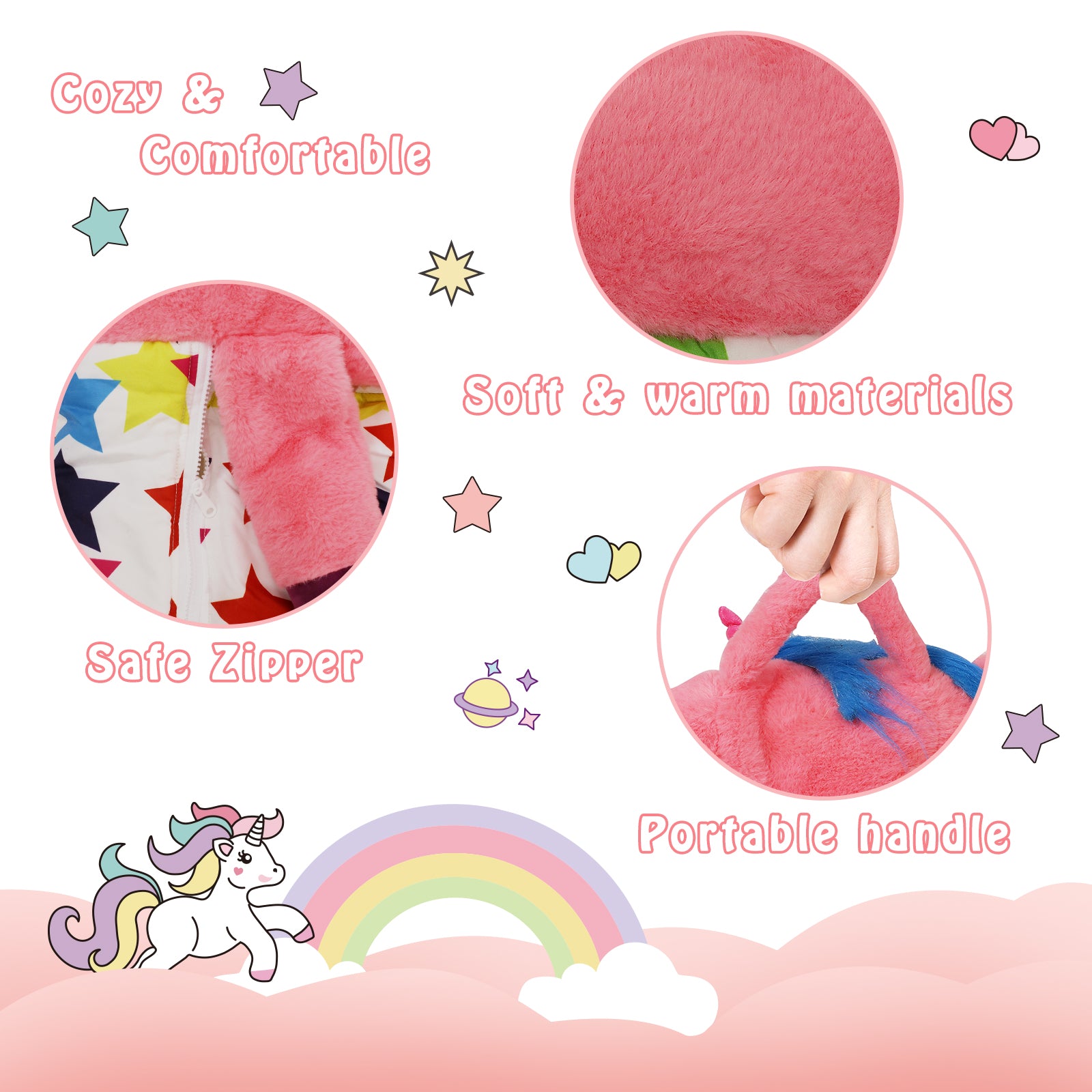 Pink Unicorn Sleeping Bag for Little Girls, Stars Pattern
