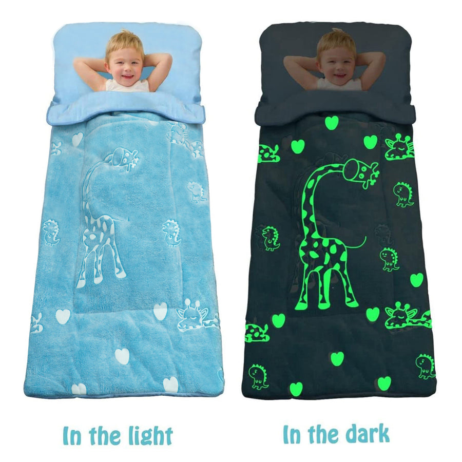 Glow in the Dark Dinosaur Giraffe Kids Sleeping Bag with Pillow, Blue