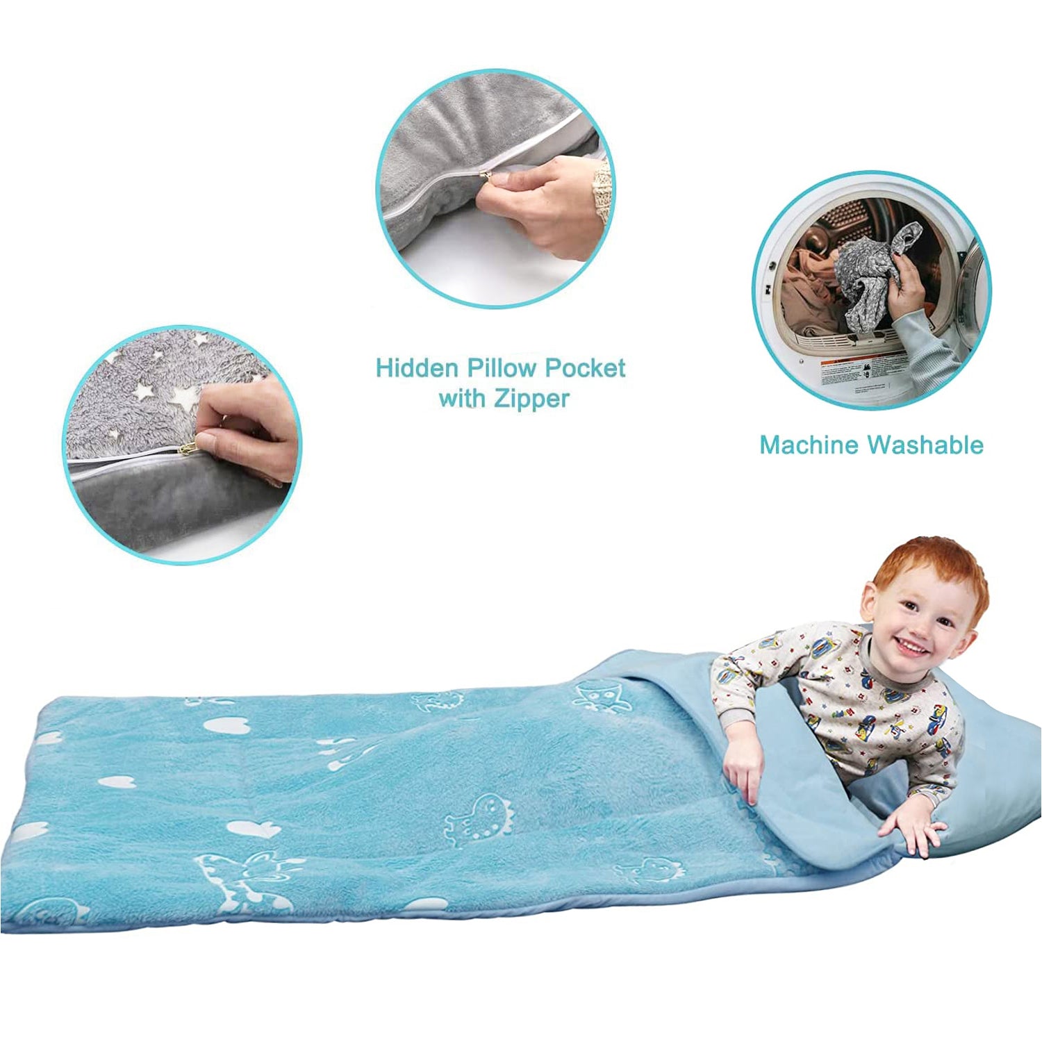 Glow in the Dark Dinosaur Giraffe Kids Sleeping Bag with Pillow, Blue