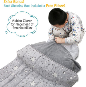 Glow in the Dark Sleepy Sack with Pillow for Kids, Grey Stars