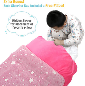 Pink Glow in the Dark Sleeping Bag for Girls with Pillow - Stars